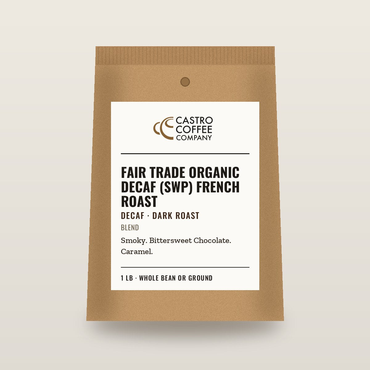 Fair Trade Organic Decaf (SWP) French Roast — Castro Coffee bag