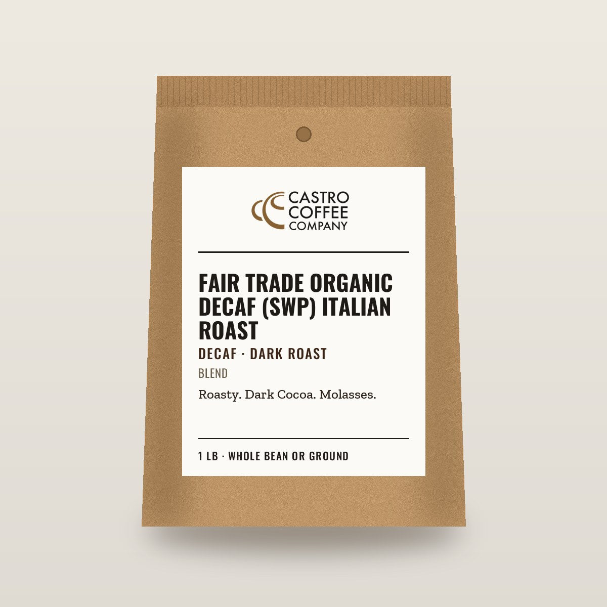 Fair Trade Organic Decaf (SWP) Italian Roast — Castro Coffee bag